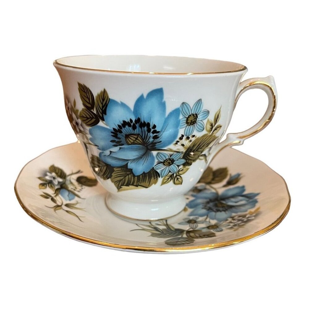 Vintage Queen Anne Bone China Cup Saucer #8522 Blue Floral England